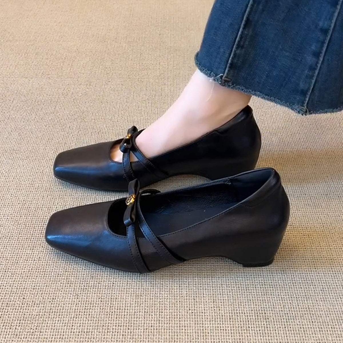 Artistic Retro Height Increasing Insole Low-cut Female Square Toe Leather Shoes