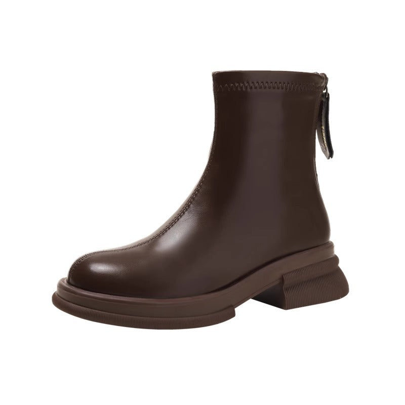 Women's Brown Thick Sole Short Thin British Boots