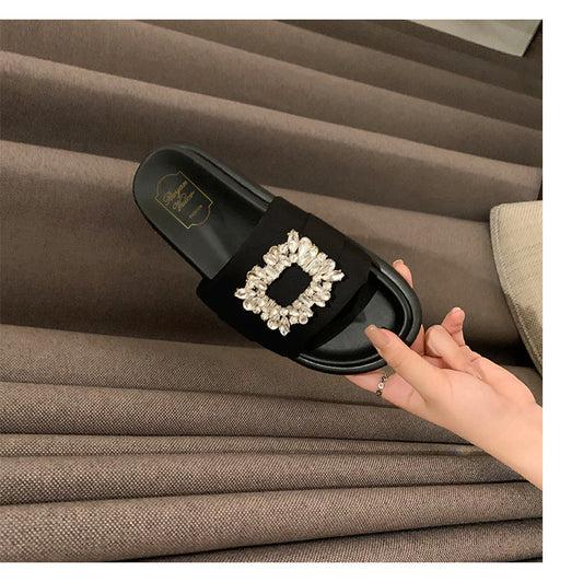 Women's Square Buckle Outdoor Open Toe Double Ring Flat Slippers
