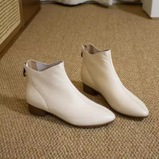 Women's White Chunky Ankle French Style Temperament Pointed Toe Women's Leather Boots