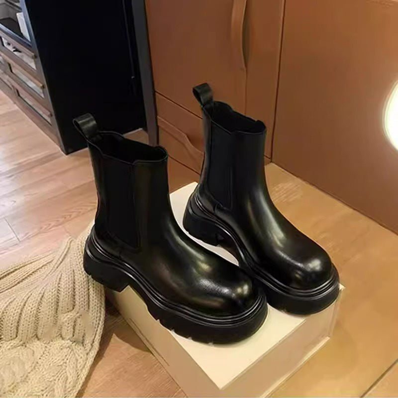 Women's Chunky Thick Bottom Single Chelsea Black Smoke Pipe Boots