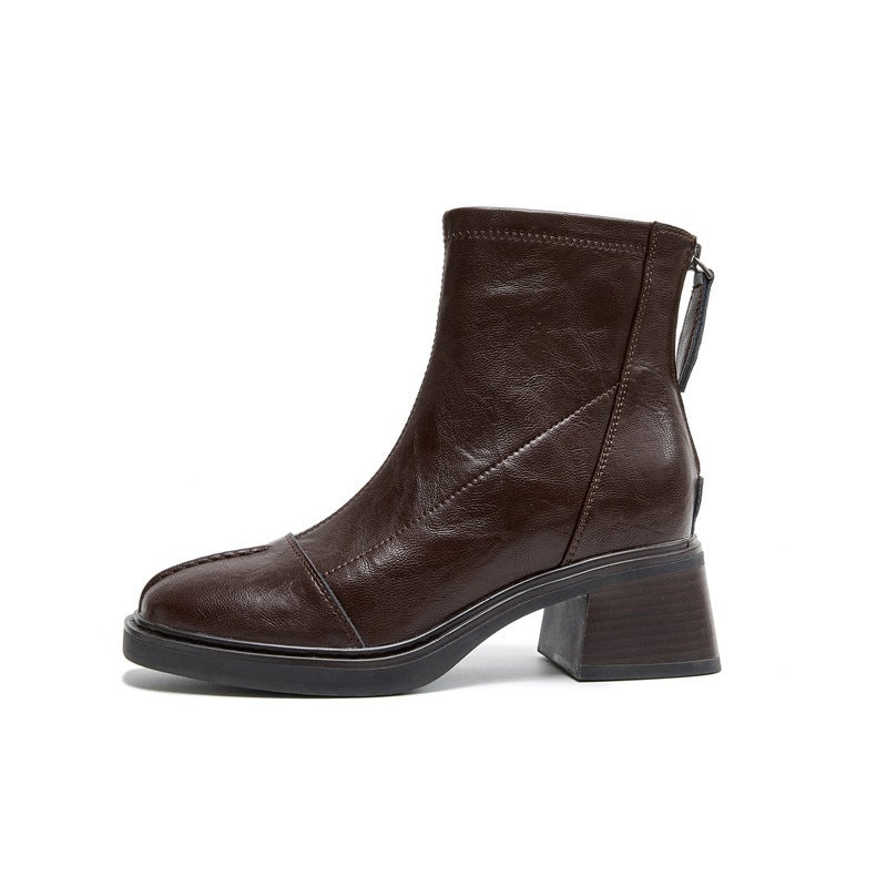 Women's Height Increasing Insole Square Toe Chunky Short Fleece-lined British Style Women's Leather Boots