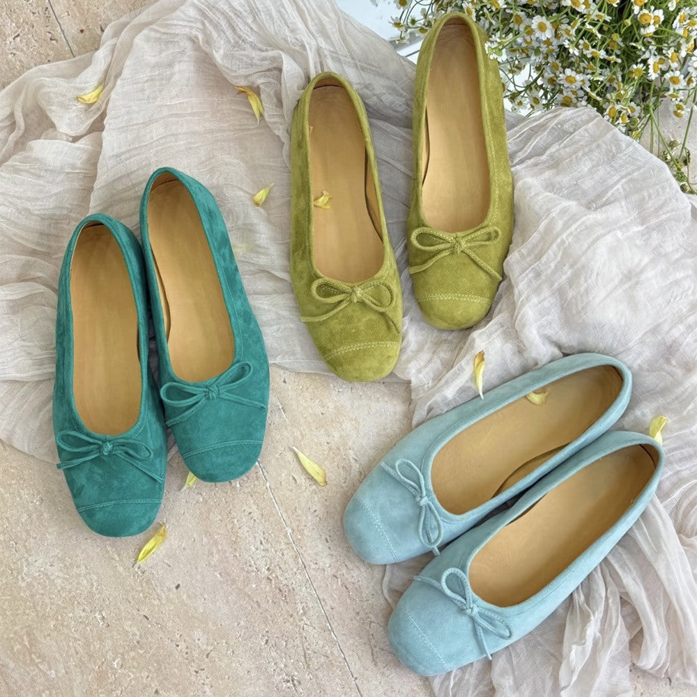 Women's Niche Shallow Mouth Sheepskin Retro Yellow Bow Fairy Style Women's Fashion Shoes