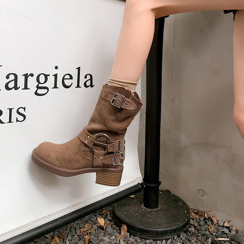 Retro Style Round Head Leisure Thick Heels