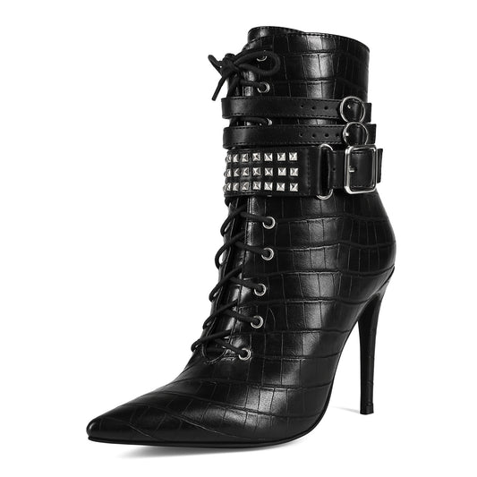 Women's Banquet Fashion Rivet Pointed Toe Stiletto Large Women's Leather Boots
