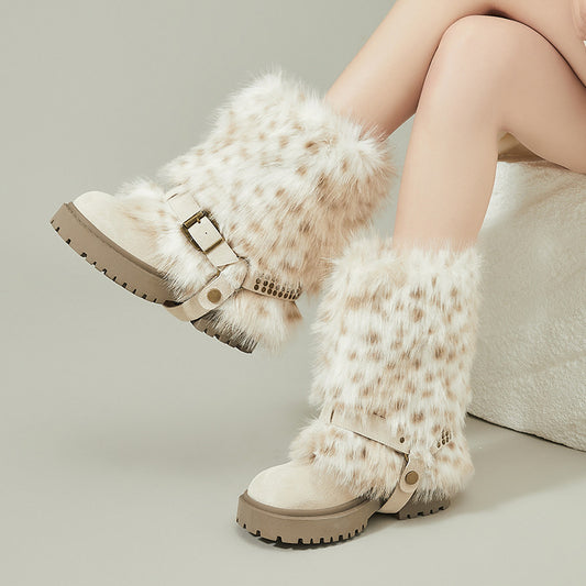 Women's Platinum Round Head Warm Imitation Fur Thick Millennium Style Hot Women's Snow Boots