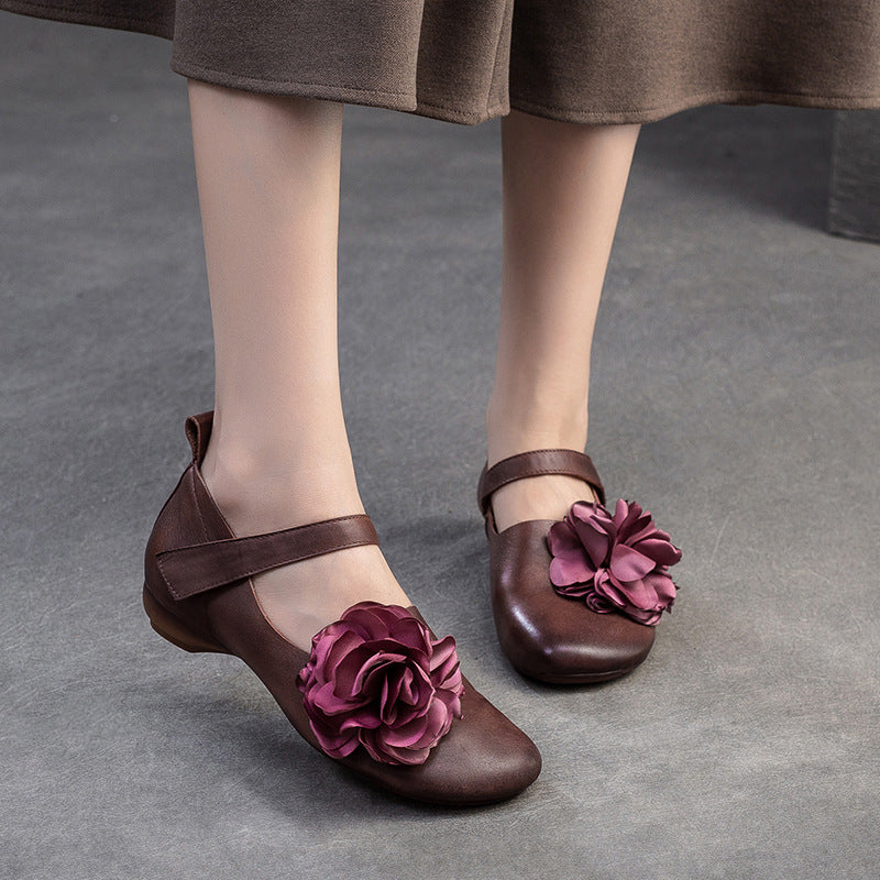 Women's Layer Cowhide Flower Shallow Mouth Pumps Brushed Casual Shoes