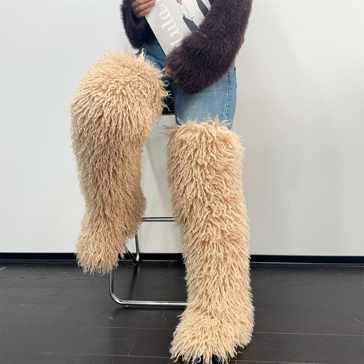 Imitated Tibet Sheep Fur Thigh Height Over Women's Snow Boots