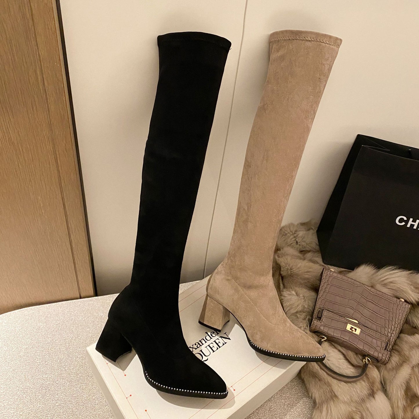 Women's Stretch Skinny Chunky High Pointed Toe Heels