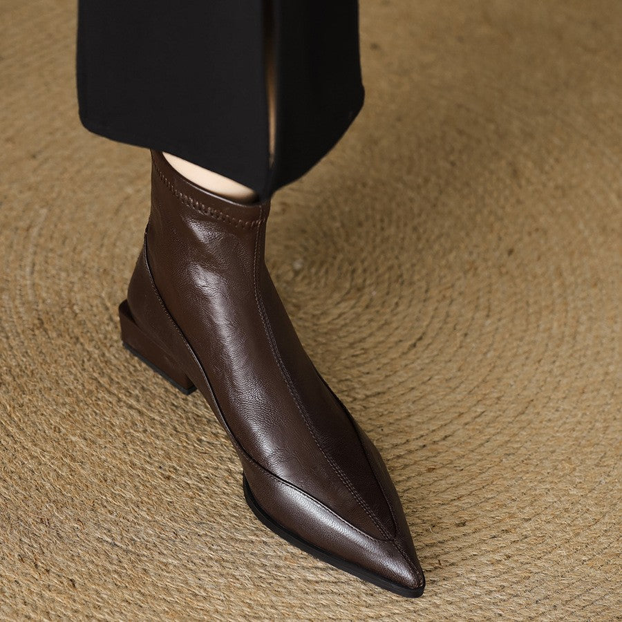 Women's Toe Stretch Thin Chunky Ankle Vintage Women's Leather Boots