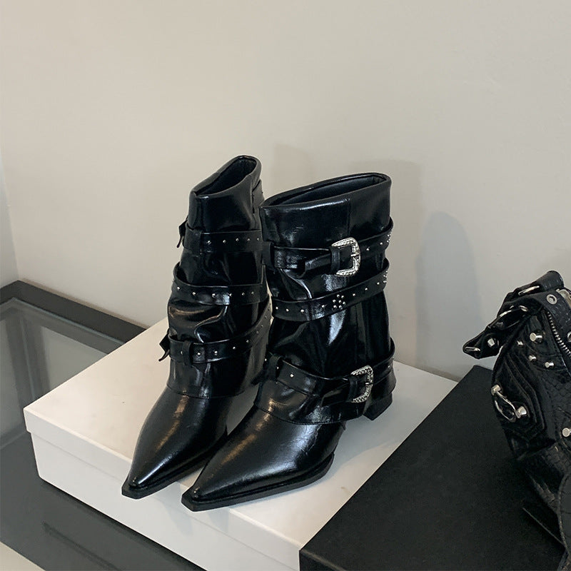 Toe Wedge Temperament Sleeve Rivet Belt Women's Leather Boots