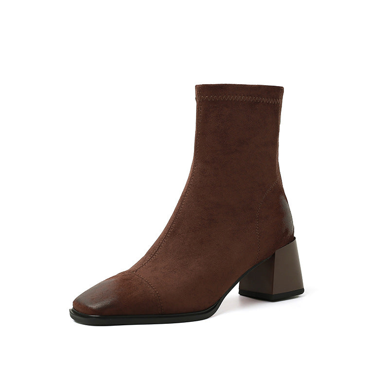 Suede Skinny Brown Chunky Ankle French Boots