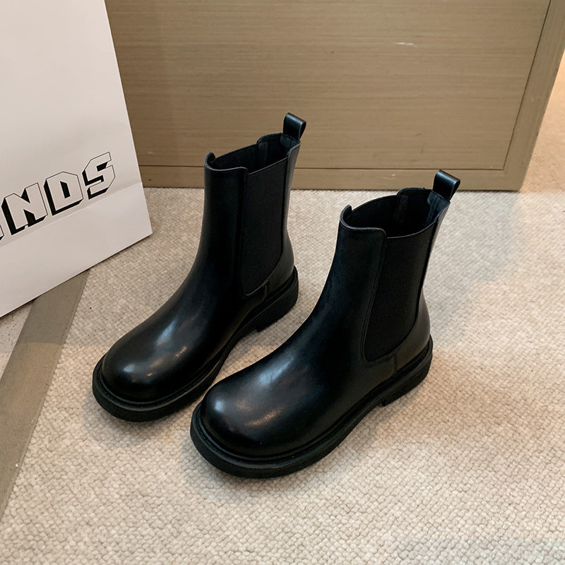 Women's Chelsea Flat Smoke Pipe British Style Martin Thick Leg Women's Leather Boots