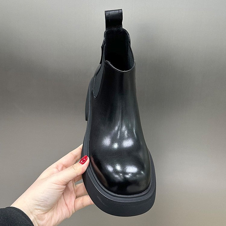 Women's Chelsea Booties European Goods Platform Smoke Pipe Muffin Round Women's Leather Boots