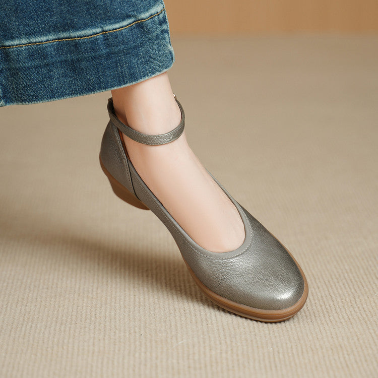 Women's Sheepskin Round Toe Pumps Mid Chunky Retro Buckle Strap Shallow Women's Fashion Shoes