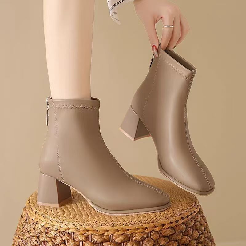 Women's Skinny Slimming Martin Square Toe Ankle Fleece-lined Small Fashionable White Women's Leather Boots