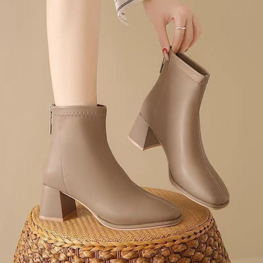 Women's Skinny Slimming Martin Square Toe Ankle Fleece-lined Small Fashionable White Women's Leather Boots