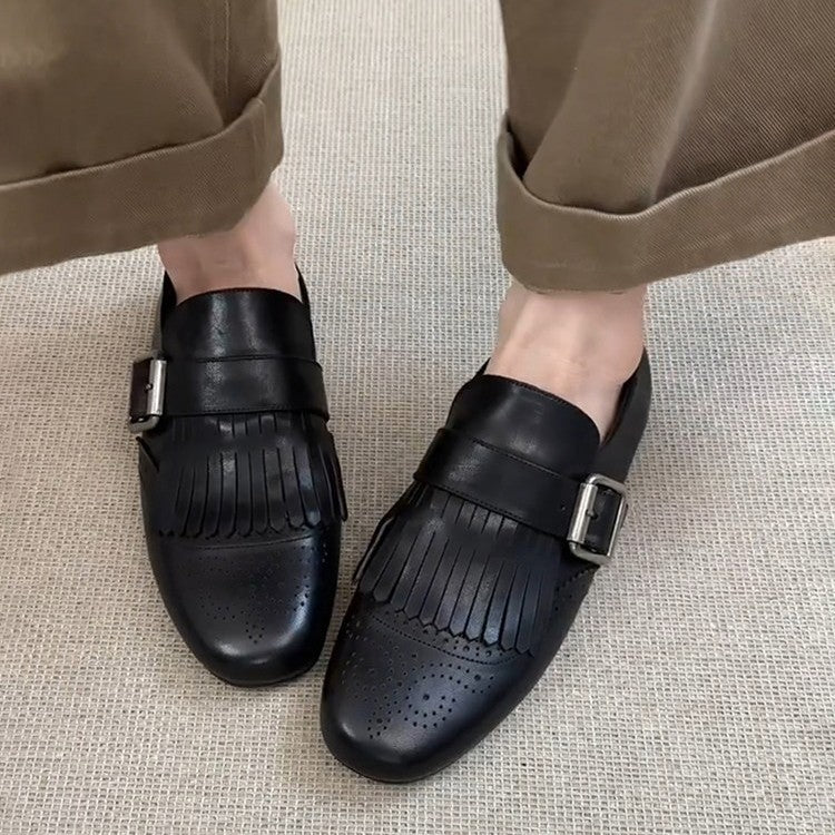 Women's Vintage Brogue Authentic Square Toe Black Belt Buckle Loafers