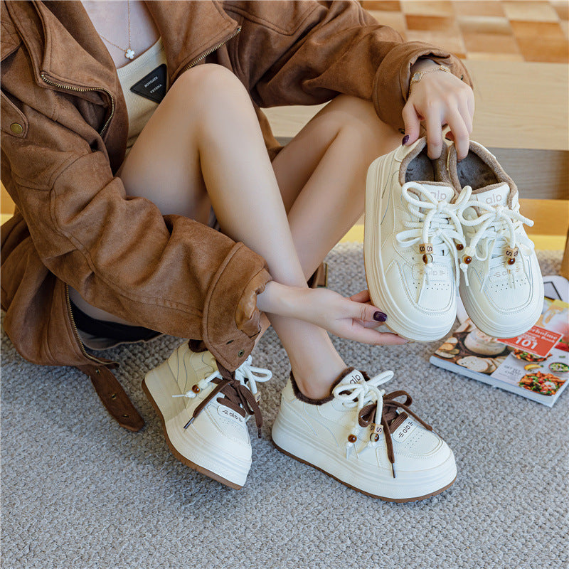 Women's Large Size Thick Bottom Fleece-lined White Winter Warm Sports Skate Women's Cotton Shoes