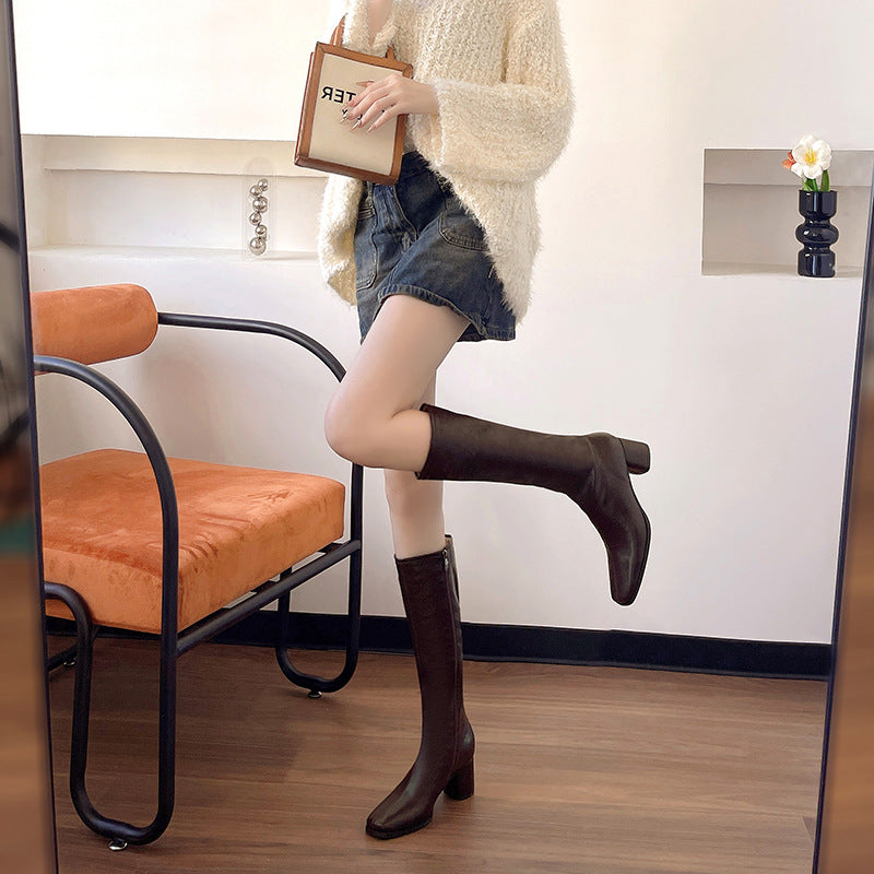 Women's Retro Below The Knee Over Black Soft Side Zipper Square Women's Leather Boots