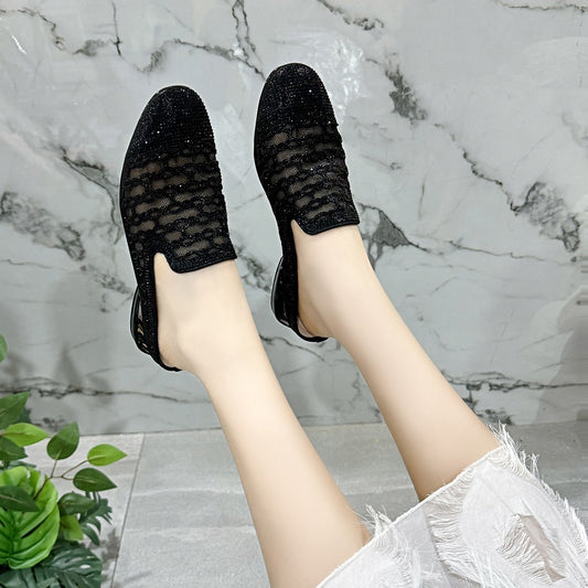 Women's Half Summer Fashion Outer Wear Mesh Genuine Hollow Mid Flat Slippers
