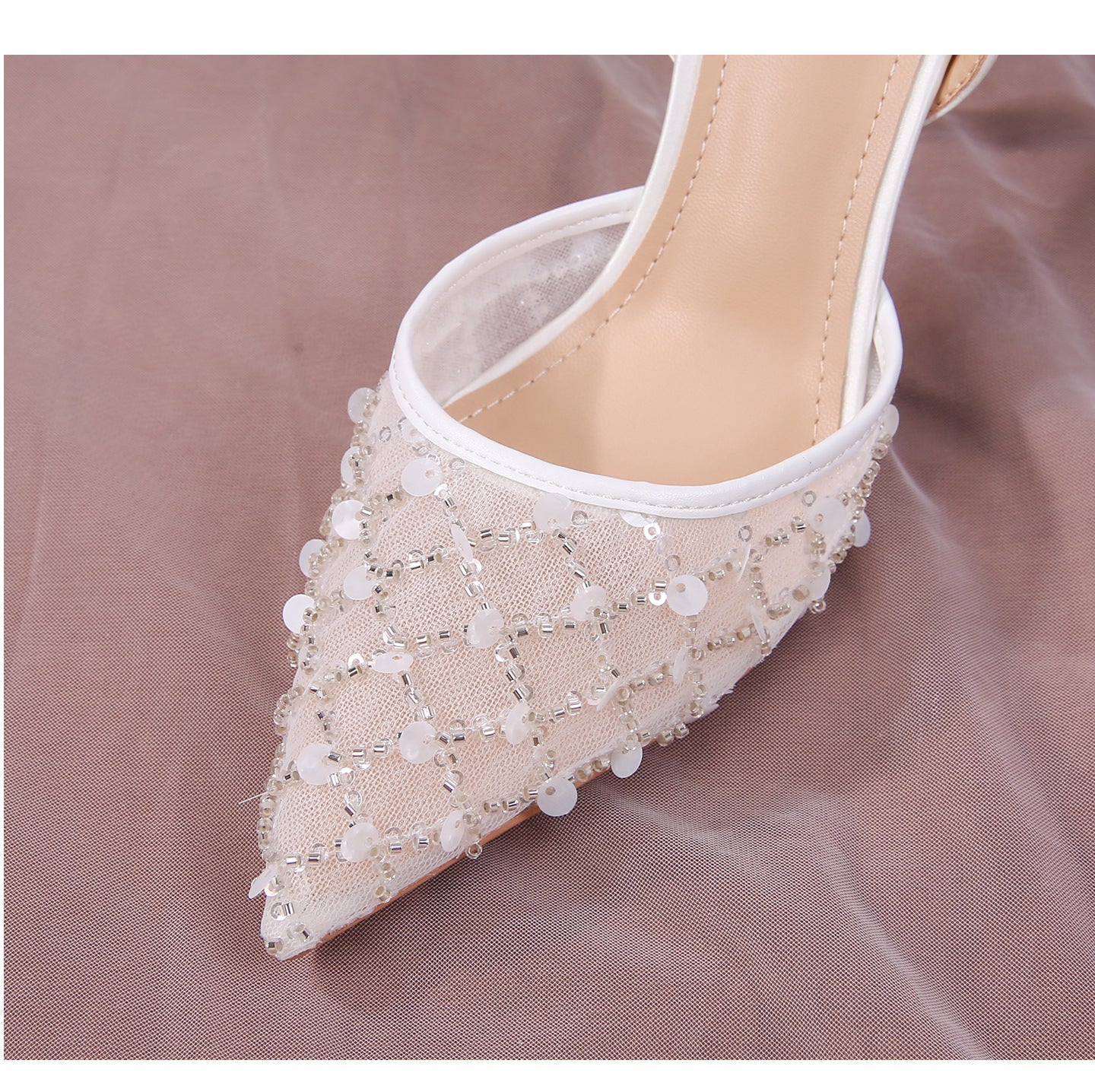Women's Wedding Stiletto White Lace Pointed Toe Mesh Sequins High Heeled Sandals
