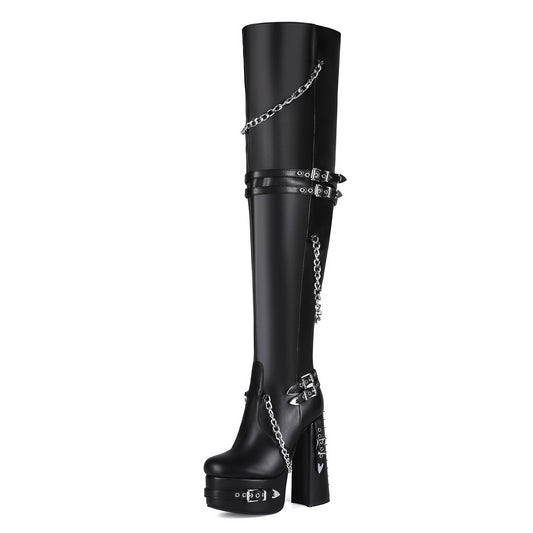 Women's Punk Goth Thick Bottom Chunky High Plus Women's Leather Boots