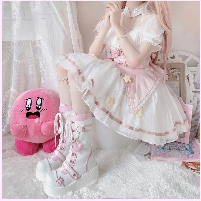 Women's Bottom Punk Motorcycle Platform Middle Tube Cute Hot Women's Leather Boots
