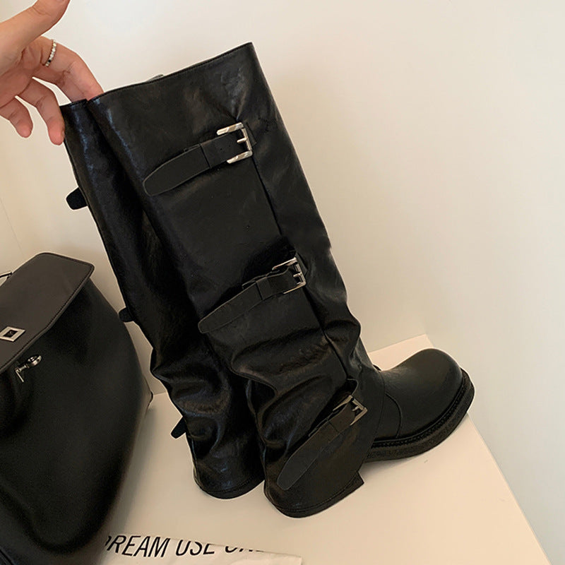 Women's Leg Fine Thick Height Increasing Belt Buckle Women's Leather Boots
