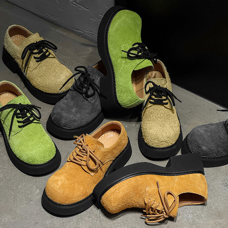 British Style Long Fur Apple Green Leather Shoes