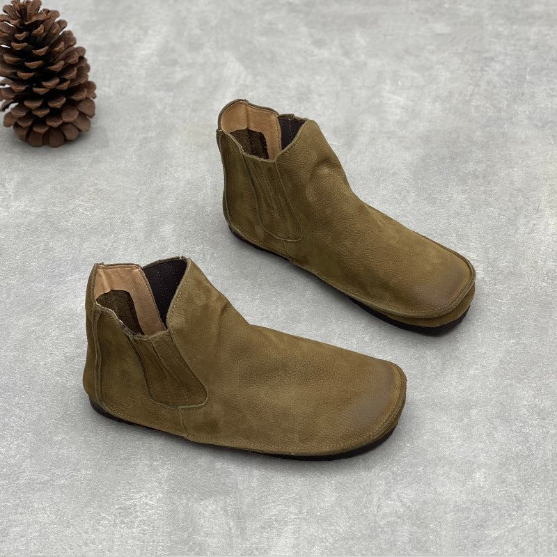 Women's Genuine Cowhide Round Toe Stitching Elastic Strap Flat Retro Short Women's Leather Boots