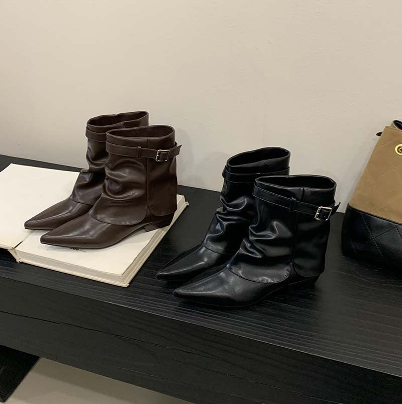 Chunky Martin Pointed Pleated Pile Style Sleeve Boots