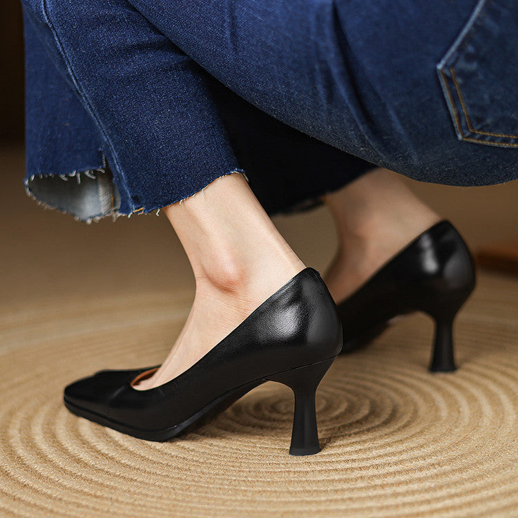 French Low-cut Stiletto Commuter Slip-on Square Toe Leather Shoes