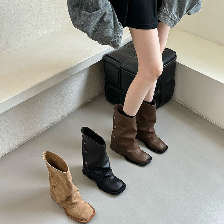 Square Toe Chunky Short Female French Retro Bootie Western Suede Women's Leather Boots