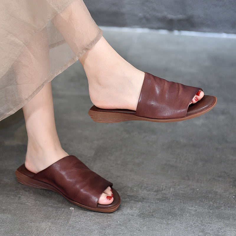 Women's Summer Outdoor First Layer Cowhide Retro Bottom Easy Flat Slippers