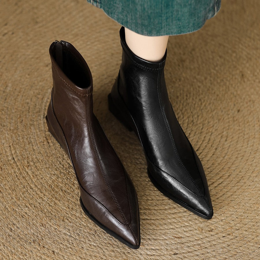 Women's Toe Stretch Thin Chunky Ankle Vintage Women's Leather Boots