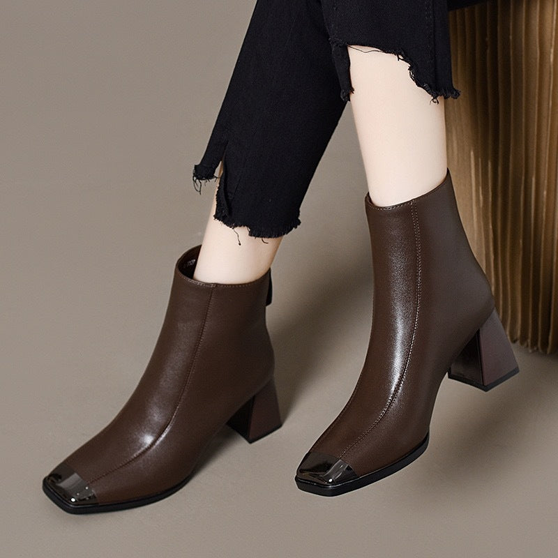 Women's French Vintage Style Authentic Square Toe Chunky Women's Leather Boots