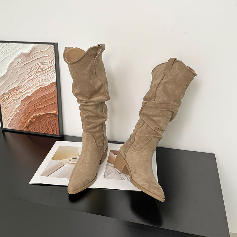 Women's Suede Knight V Buckle Skinny Pile Style Chunky Women's Leather Boots