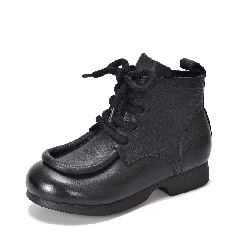 Women's Cowhide Handmade Short Lace Up Round Toe Flat Cozy Women's Leather Boots