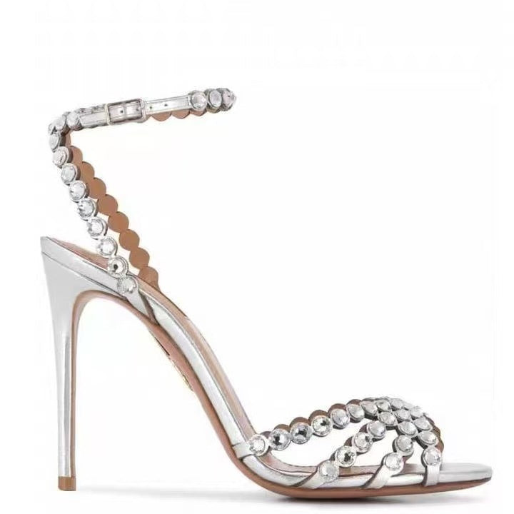 Metal Round Toe Stiletto Rhinestone Strap Buckle Open Large High Heeled Sandals