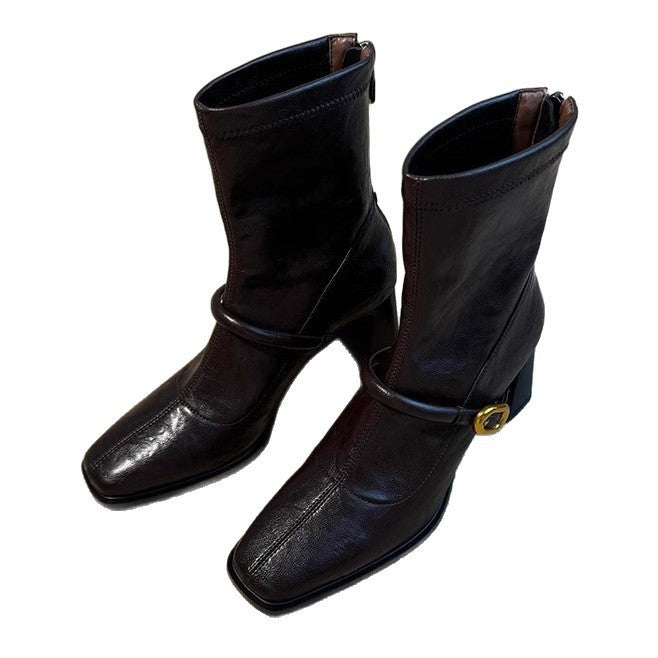 Women's Chunky Square Toe High-heeled Skinny French Retro Women's Leather Boots