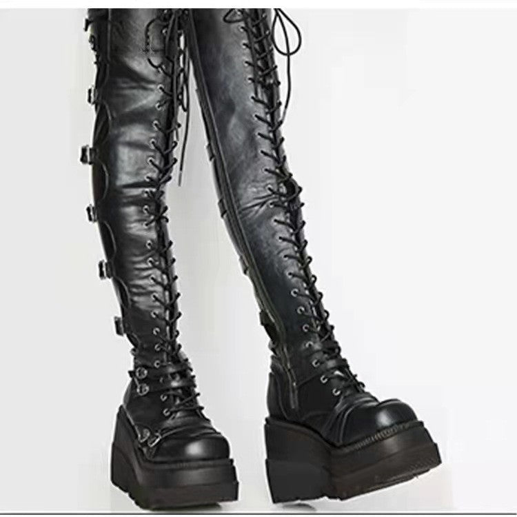 Women's Metal Buckle With Platform High Female Plus Women's Leather Boots