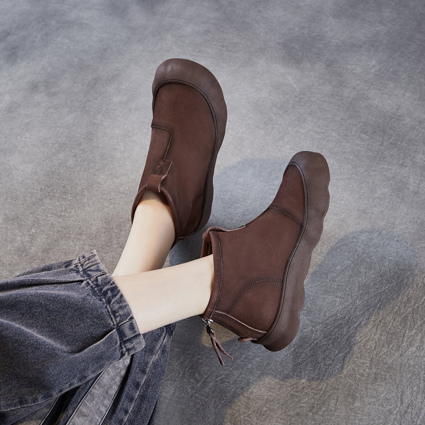 Women's Autumn First Layer Cowhide Comfortable Mom Rear Zipper Boots