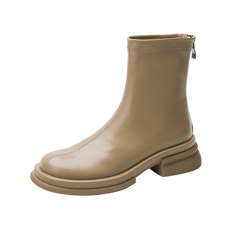 Women's Brown Thick Sole Short Thin British Boots