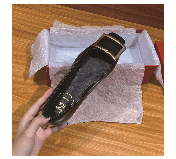 Women's Square Buckle Toe Flats Patent Low-cut Women's Shoes