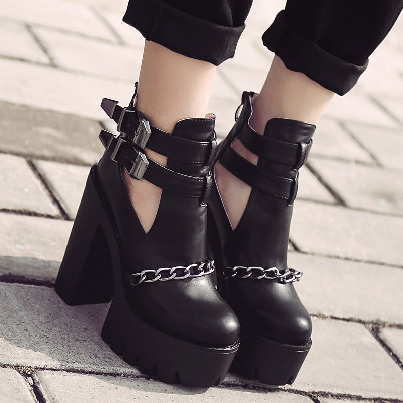 Women's Chain Hollow Booties Belt Buckle Chunky High Women's Leather Boots