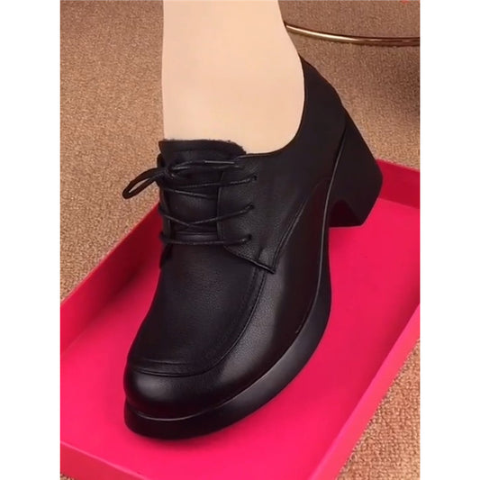 Women's British Style Small Chunky Platform Pumps Lace Up Round Toe Heels