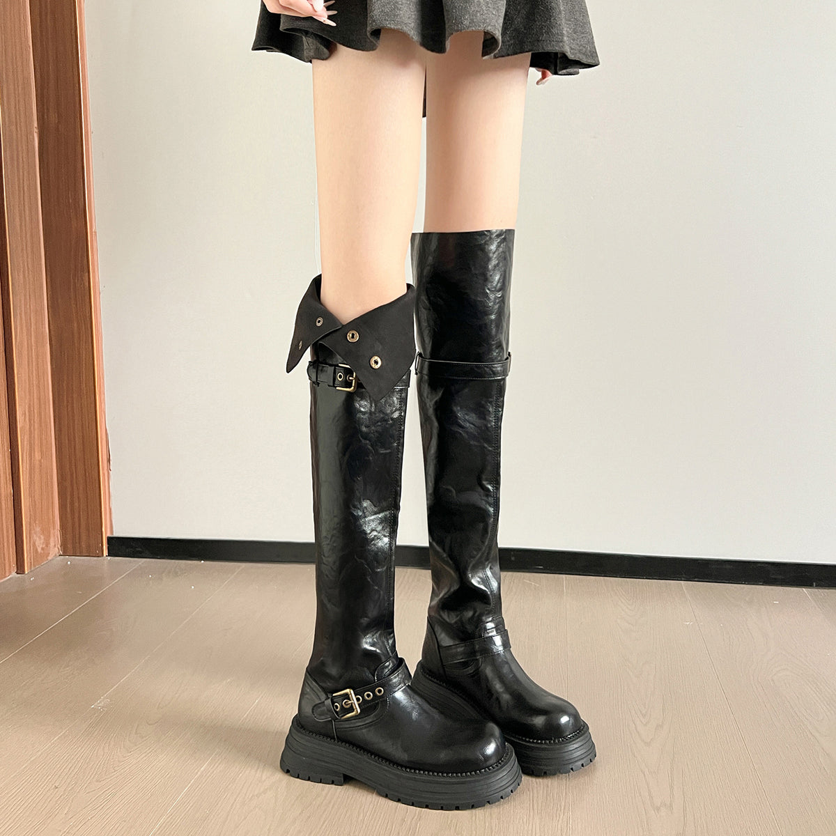 Small Thick Legs Fashion Black Bottom High Women's Leather Boots