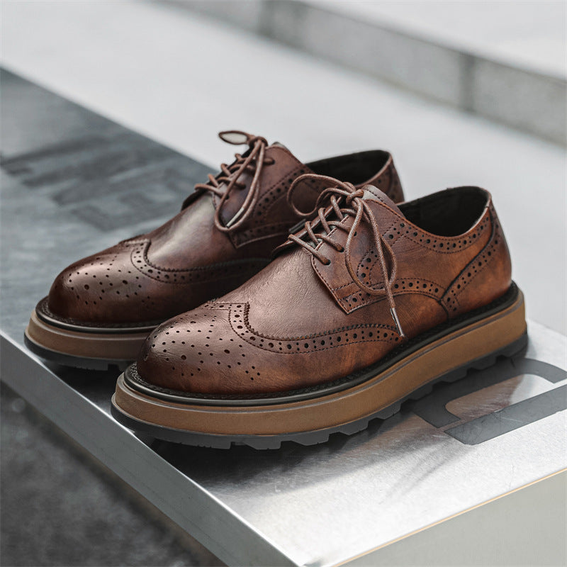 Men's Style Vintage Engraving Commute Thick Sole Increased Derby Men's Business Leather Shoes