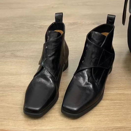 Women's Cowhide Version Niche Square Toe Velcro Martin Boots